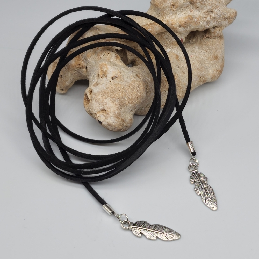 FP Jewelry black Soft Velvet/Suede cord Silver Ends Leaves Boho Necklace - Picture 3 of 11